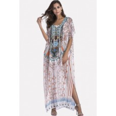 Tribal Print Lace Up Maxi Slit Chiffon Boho Cover Up