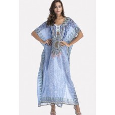 Light Blue Tribal Print Lace Up Maxi Slit Chiffon Boho Cover Up