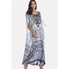 Gray Tribal Print Lace Up Maxi Slit Chiffon Boho Cover Up