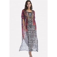 Purple Tribal Print Lace Up Maxi Slit Chiffon Boho Cover Up