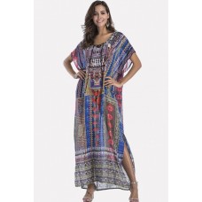 Blue Tribal Print Lace Up Maxi Slit Chiffon Boho Cover Up