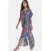 Blue Tribal Print Lace Up Maxi Slit Chiffon Boho Cover Up