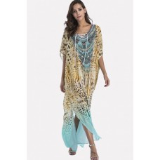 Yellow Leopard Tribal Print Lace Up Maxi Slit Chiffon Boho Cover Up