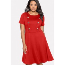 Red Round Neck Short Sleeve Button Casual Plus Size Dress