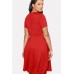 Red Round Neck Short Sleeve Button Casual Plus Size Dress