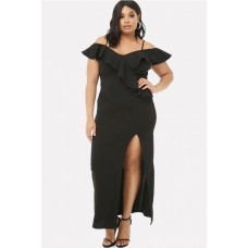 Spaghetti Straps Cold Shoulder Ruffles Slit Sexy Plus Size Dress