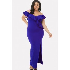 Blue Spaghetti Straps Cold Shoulder Ruffles Slit Sexy Plus Size Dress