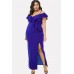 Blue Spaghetti Straps Cold Shoulder Ruffles Slit Sexy Plus Size Dress