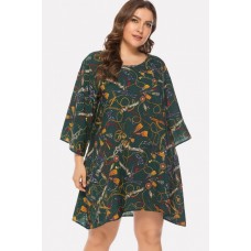 Dark-Chain Print Round Neck Casual Plus Size Dress