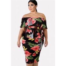 Floral Off Shoulder Ruffles Peplum Sexy Plus Size Bodycon Dress