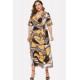 Yellow Leopard Chain Print Wrap Tied V Neck Casual Plus Size Dress