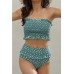 Teal Floral Ruffles Trim Shirred Bandeau Sexy Bikini