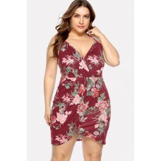 Dark-red Floral Print Wrap V Neck Overlap Sexy Plus Size Dress