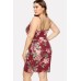 Dark-red Floral Print Wrap V Neck Overlap Sexy Plus Size Dress