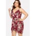 Dark-red Floral Print Wrap V Neck Overlap Sexy Plus Size Dress