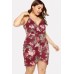 Dark-red Floral Print Wrap V Neck Overlap Sexy Plus Size Dress