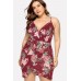 Dark-red Floral Print Wrap V Neck Overlap Sexy Plus Size Dress