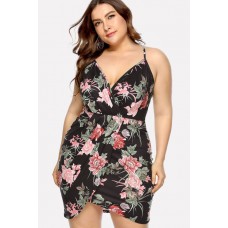 Floral Print Wrap V Neck Overlap Sexy Plus Size Dress