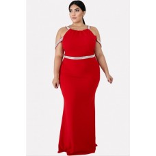 Red Contrast Strappy Sleeveless Sexy Plus Size Maxi Bodycon Dress