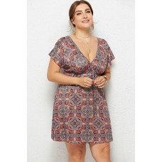 Red Tribal Print V Neck Short Sleeve Casual Plus Size Dress