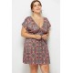 Red Tribal Print V Neck Short Sleeve Casual Plus Size Dress