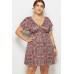 Red Tribal Print V Neck Short Sleeve Casual Plus Size Dress