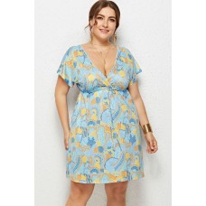 Light-blue Tribal Print V Neck Short Sleeve Casual Plus Size Dress