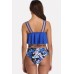 Blue Floral Print Ruffles Cutout Padded Sexy Bikini