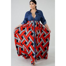 Red Tribal Print Button Up Casual Plus Size Maxi Shirt Dress