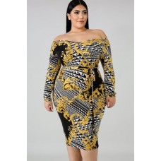 Yellow Tribal Print Long Sleeve Sexy Plus Size Bodycon Dress