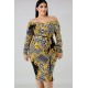 Yellow Tribal Print Long Sleeve Sexy Plus Size Bodycon Dress